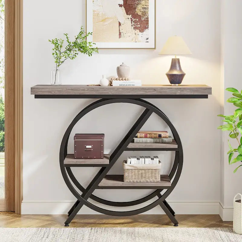 Console, style industriel, étagères décalées à 4 niveaux, panneaux de particules et cadre métallique, 100 cm (L) x 30 cm (l) x 81,3 cm (H), marron rustique