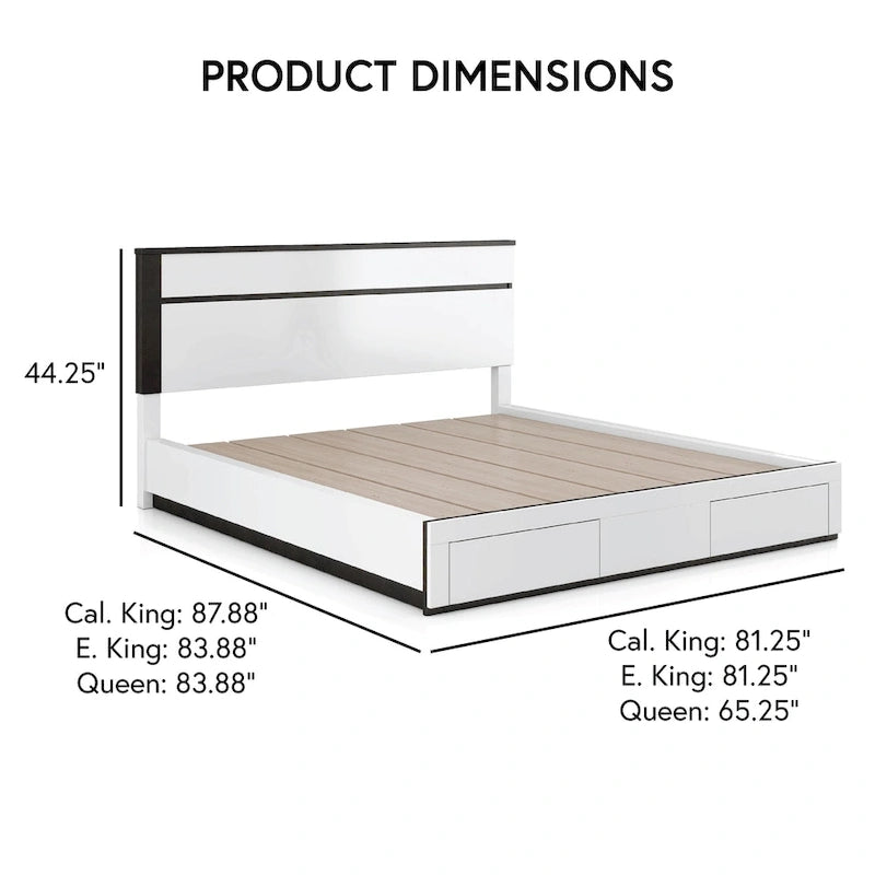 Ensemble de chambre à coucher 6 pièces avec plateforme, Blanc et Gris, Moderne, 4 ports USB, 15 tiroirs, Queen/King/Cal King