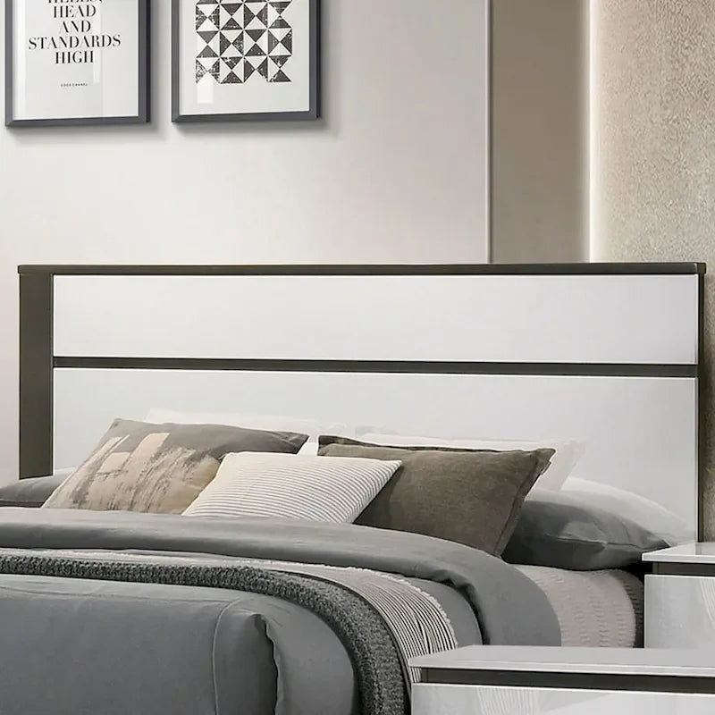 Ensemble de chambre à coucher 6 pièces avec plateforme, Blanc et Gris, Moderne, 4 ports USB, 15 tiroirs, Queen/King/Cal King