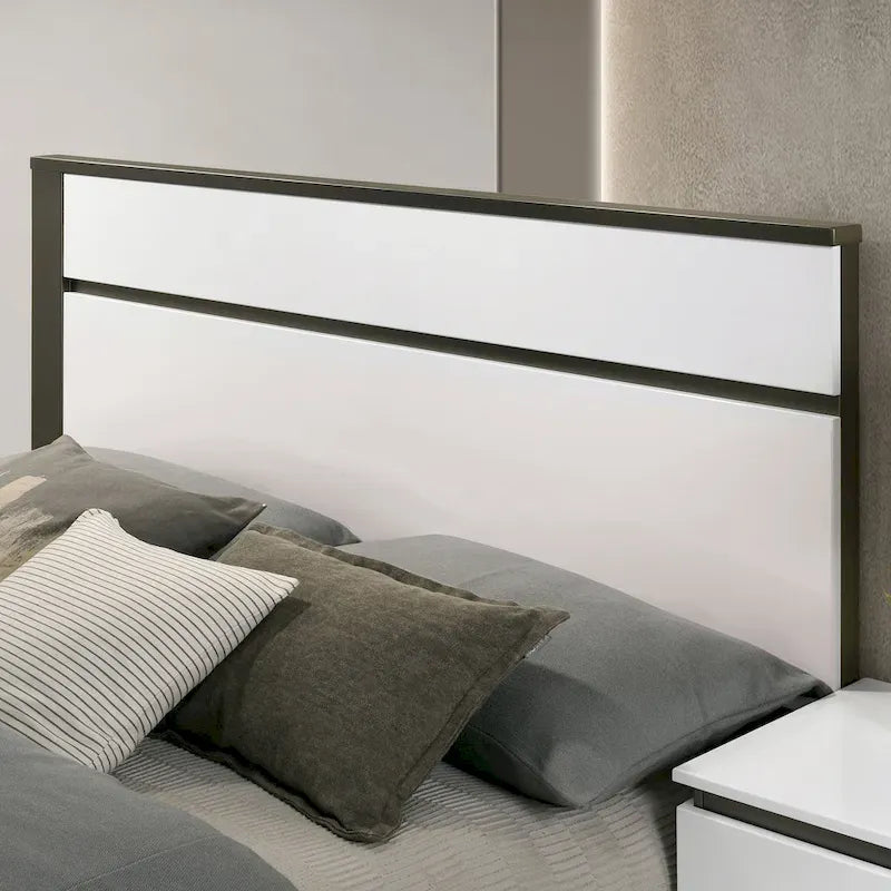 Ensemble de chambre à coucher 6 pièces avec plateforme, Blanc et Gris, Moderne, 4 ports USB, 15 tiroirs, Queen/King/Cal King