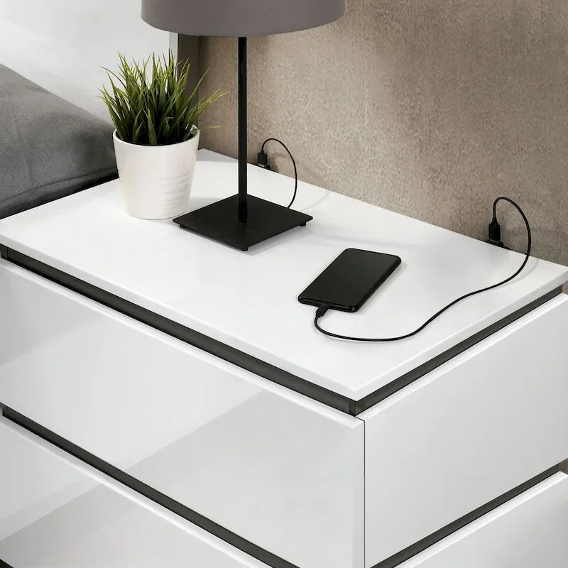 Ensemble de chambre à coucher 6 pièces avec plateforme, Blanc et Gris, Moderne, 4 ports USB, 15 tiroirs, Queen/King/Cal King