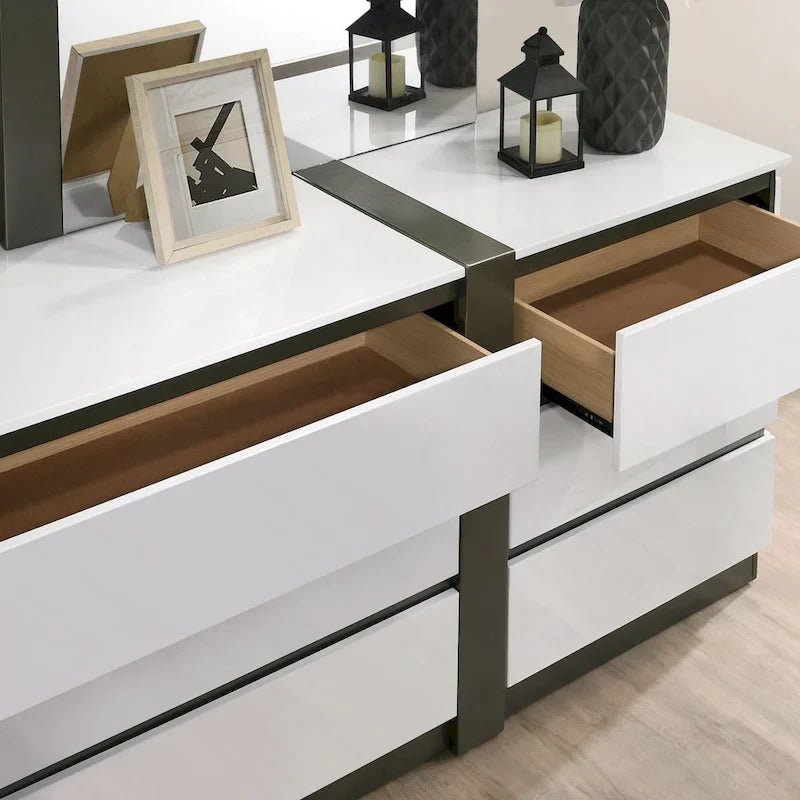 Ensemble de chambre à coucher 6 pièces avec plateforme, Blanc et Gris, Moderne, 4 ports USB, 15 tiroirs, Queen/King/Cal King