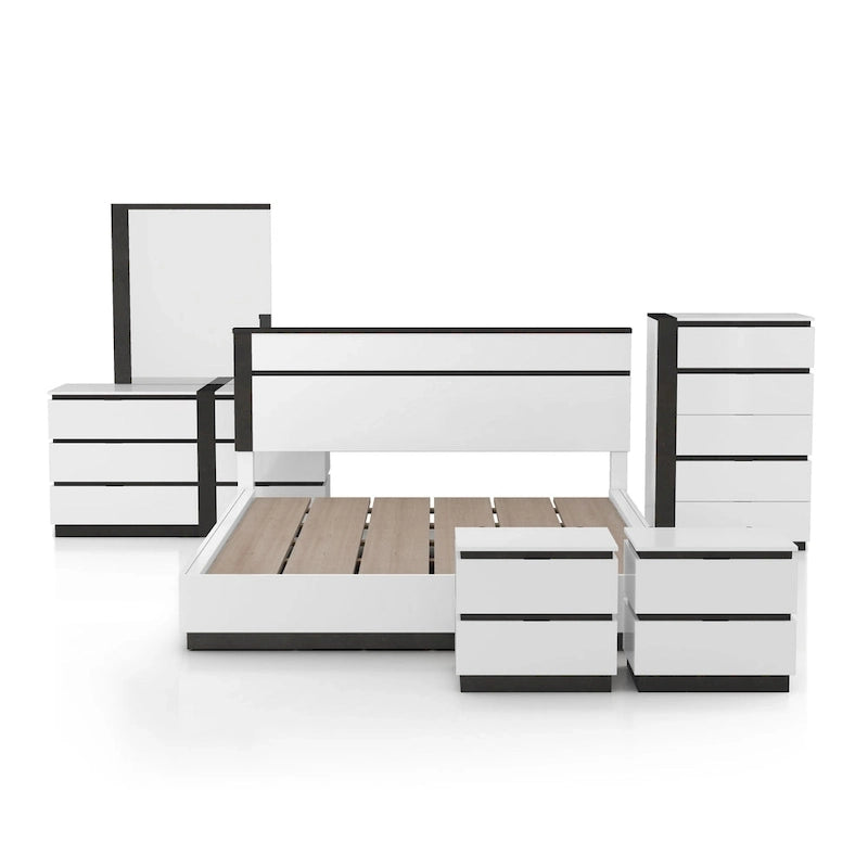 Ensemble de chambre à coucher 6 pièces avec plateforme, Blanc et Gris, Moderne, 4 ports USB, 15 tiroirs, Queen/King/Cal King