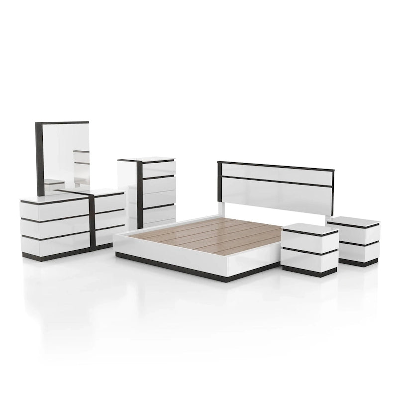 Ensemble de chambre à coucher 6 pièces avec plateforme, Blanc et Gris, Moderne, 4 ports USB, 15 tiroirs, Queen/King/Cal King
