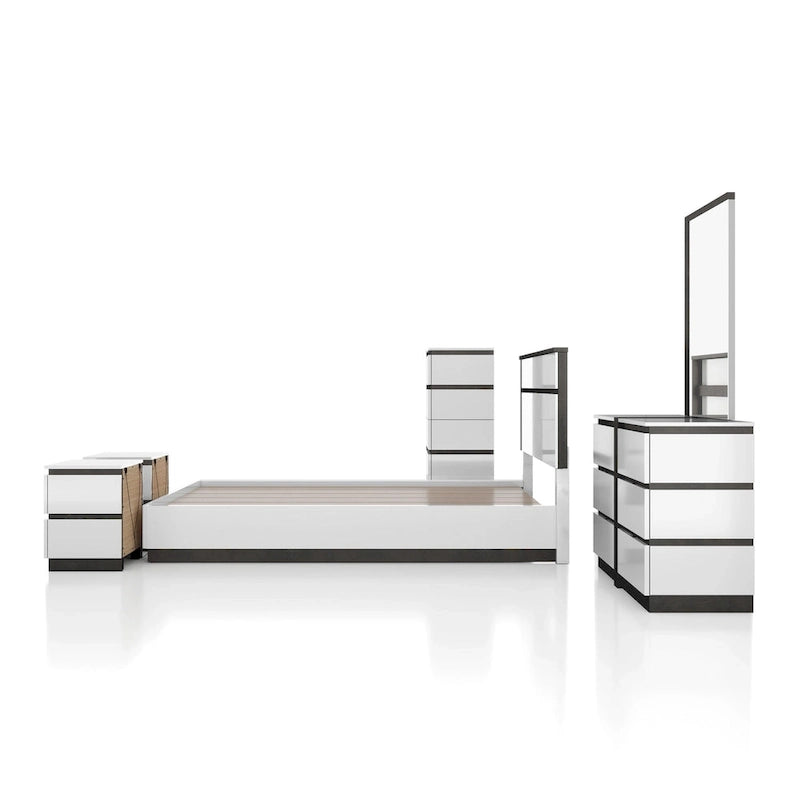 Ensemble de chambre à coucher 6 pièces avec plateforme, Blanc et Gris, Moderne, 4 ports USB, 15 tiroirs, Queen/King/Cal King