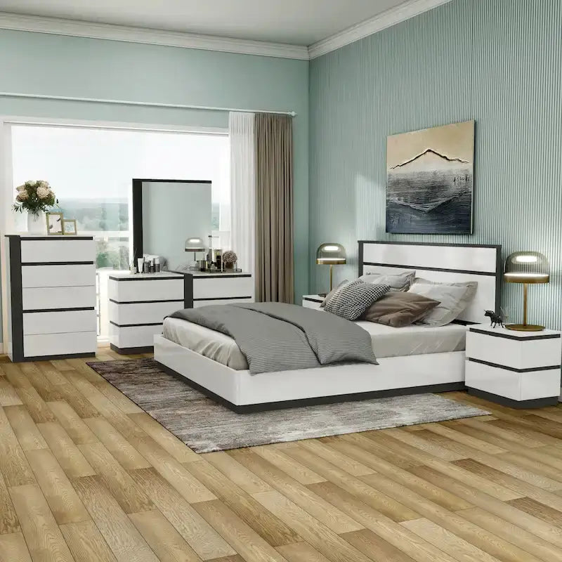 Ensemble de chambre à coucher 6 pièces avec plateforme, Blanc et Gris, Moderne, 4 ports USB, 15 tiroirs, Queen/King/Cal King