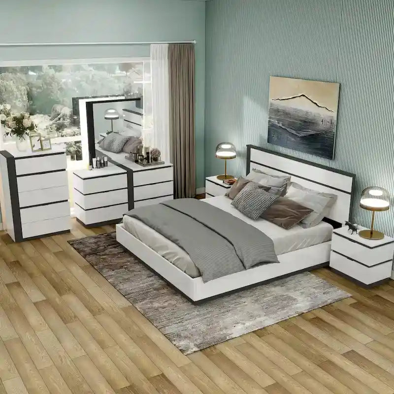 Ensemble de chambre à coucher 6 pièces avec plateforme, Blanc et Gris, Moderne, 4 ports USB, 15 tiroirs, Queen/King/Cal King