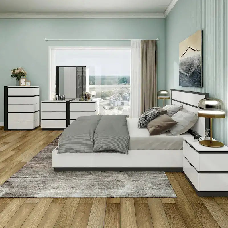 Ensemble de chambre à coucher 6 pièces avec plateforme, Blanc et Gris, Moderne, 4 ports USB, 15 tiroirs, Queen/King/Cal King