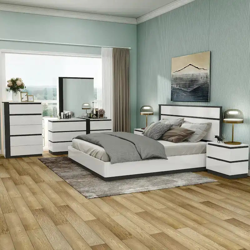 Ensemble de chambre à coucher 6 pièces avec plateforme, Blanc et Gris, Moderne, 4 ports USB, 15 tiroirs, Queen/King/Cal King