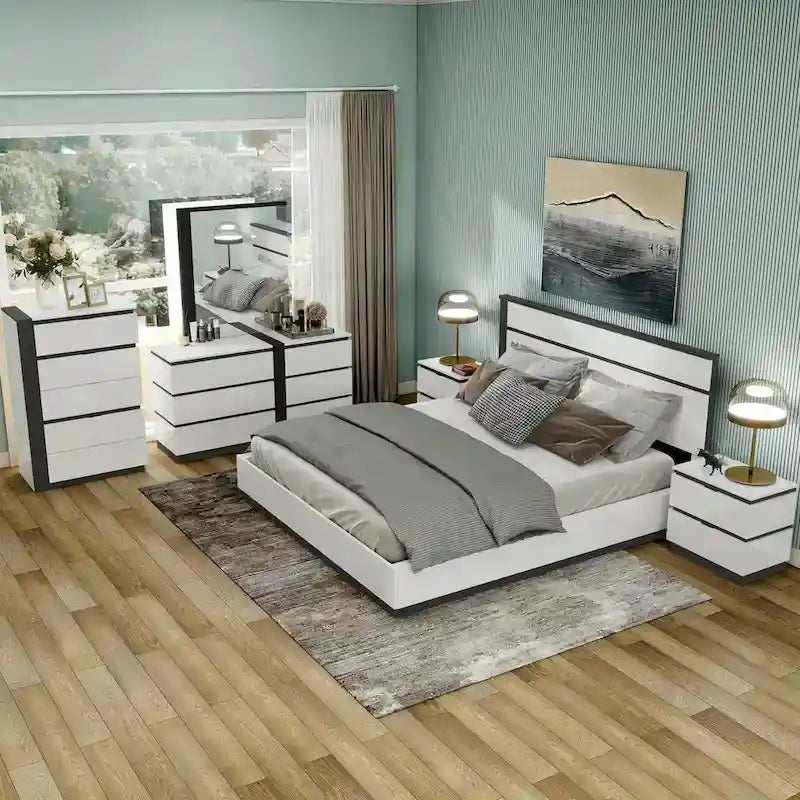 Ensemble de chambre à coucher 6 pièces avec plateforme, Blanc et Gris, Moderne, 4 ports USB, 15 tiroirs, Queen/King/Cal King