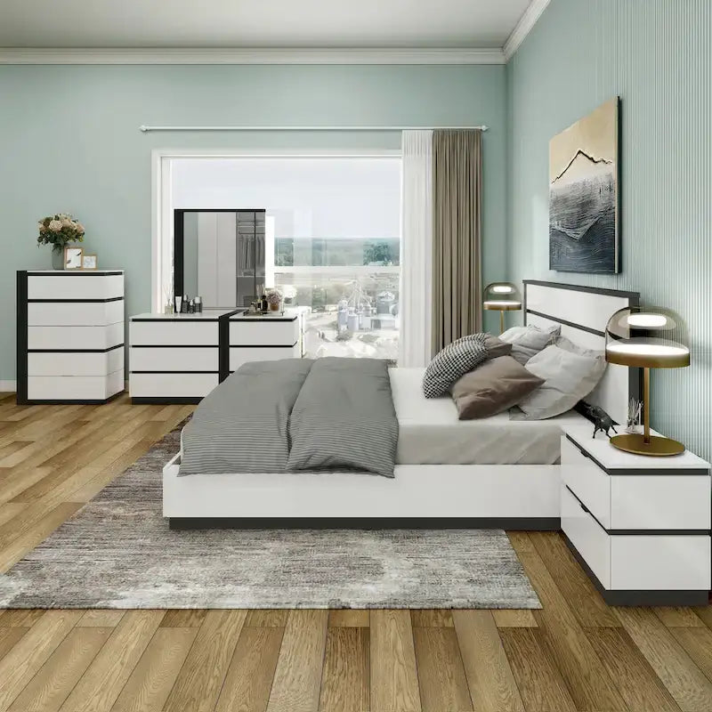 Ensemble de chambre à coucher 6 pièces avec plateforme, Blanc et Gris, Moderne, 4 ports USB, 15 tiroirs, Queen/King/Cal King