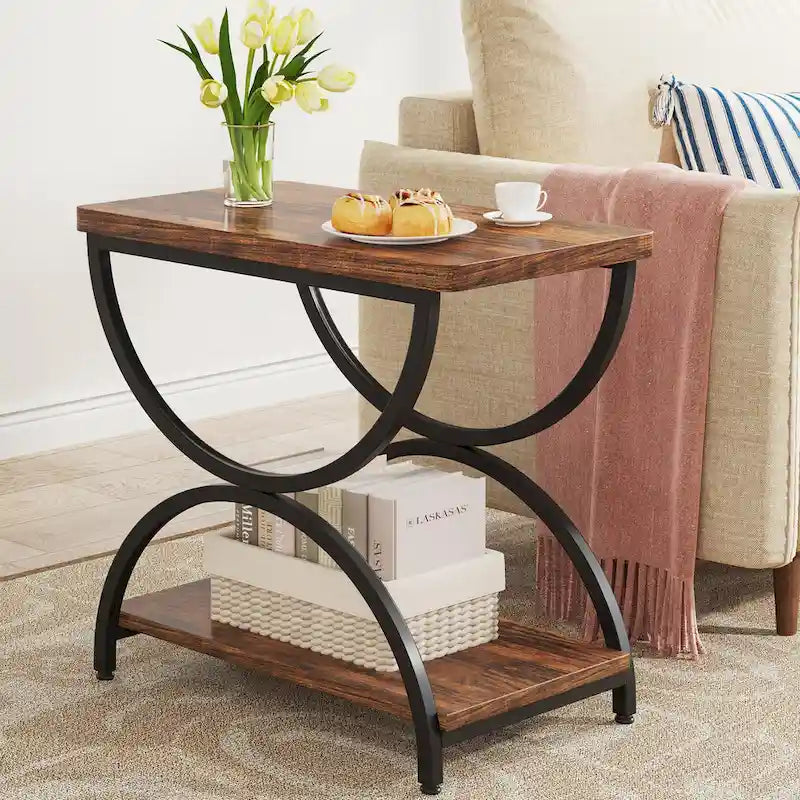 Tables d'appoint de bout à 2 niveaux en bois et métal pour salon (lot de 2) - 2 PIÈCES