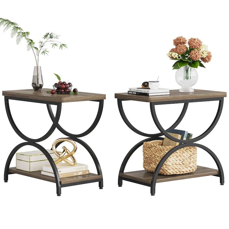 Tables d'appoint de bout à 2 niveaux en bois et métal pour salon (lot de 2) - 2 PIÈCES
