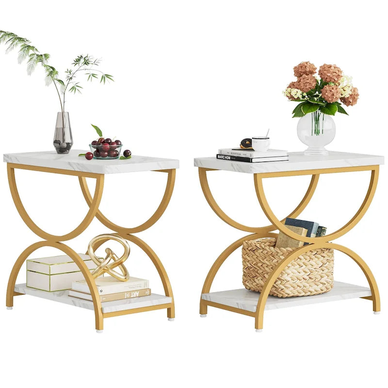 Tables d'appoint de bout à 2 niveaux en bois et métal pour salon (lot de 2) - 2 PIÈCES