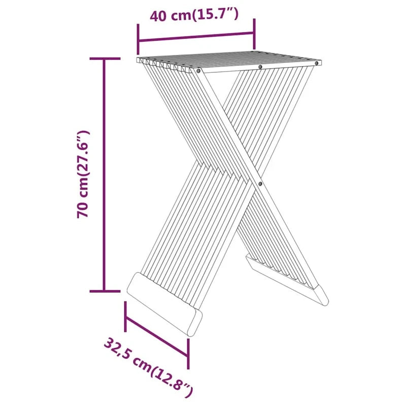Tabouret pliant marron en teck massif, 40 cm (L) x 32,5 cm (l) x 70 cm (H), 1 personne, intérieur et extérieur