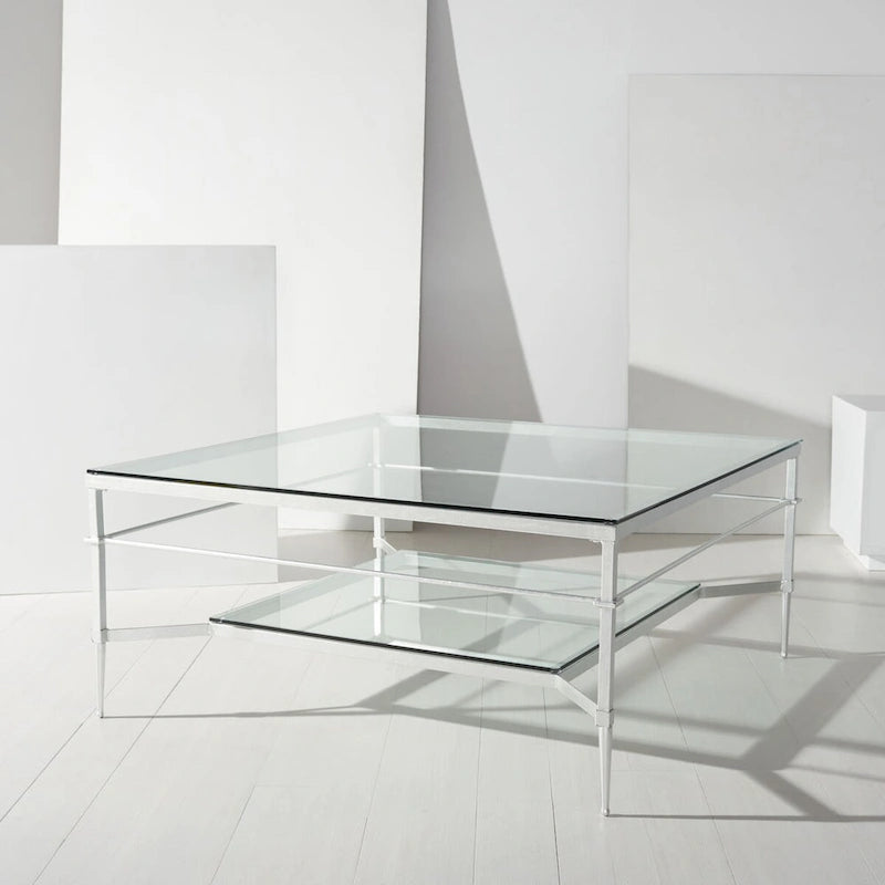 Table basse Feuille avec étagère en verre, 43"L x 43"P x 20"H, style sculpture moderne