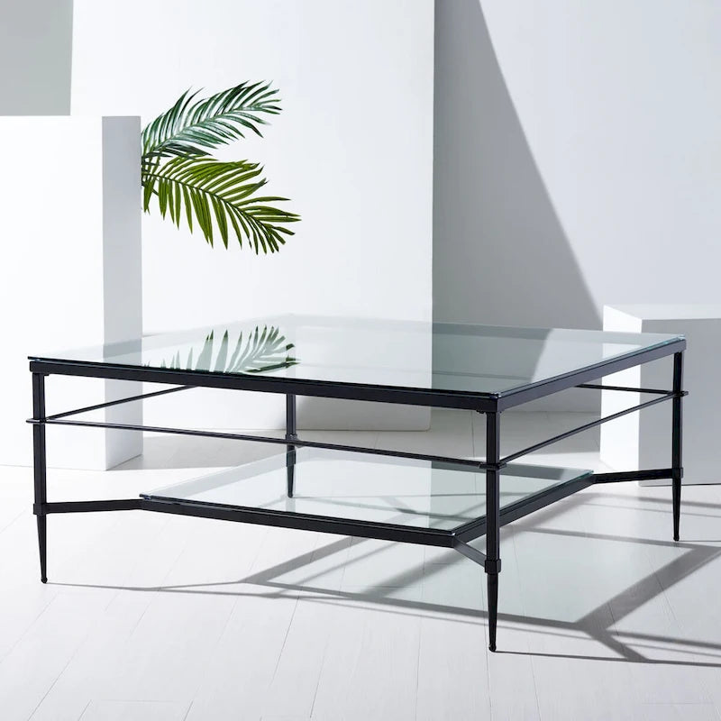 Table basse Feuille avec étagère en verre, 43"L x 43"P x 20"H, style sculpture moderne