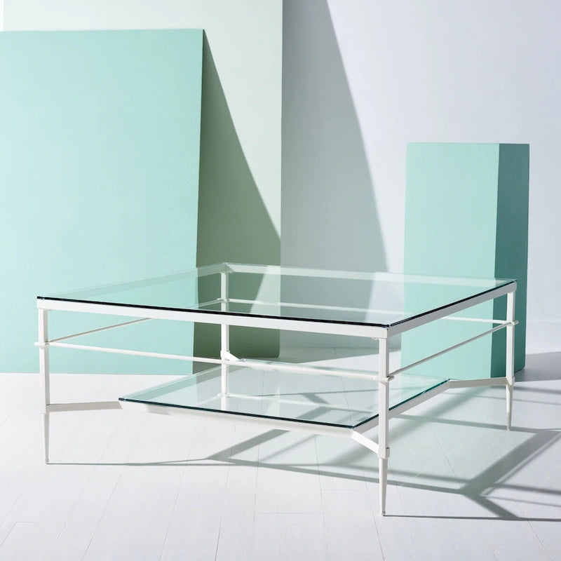 Table basse Feuille avec étagère en verre, 43"L x 43"P x 20"H, style sculpture moderne