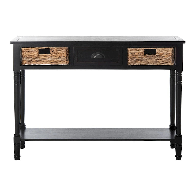Table console de rangement, Noir/Blanc/Cerisier/Gris, Tiroirs en rotin, Étagère inférieure, Vintage