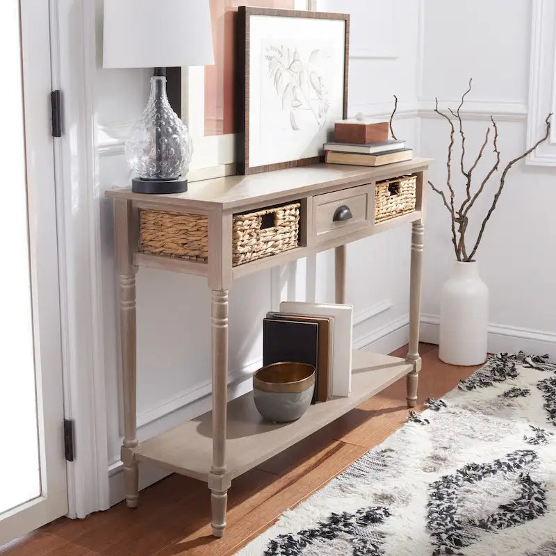 Table console de rangement, Noir/Blanc/Cerisier/Gris, Tiroirs en rotin, Étagère inférieure, Vintage