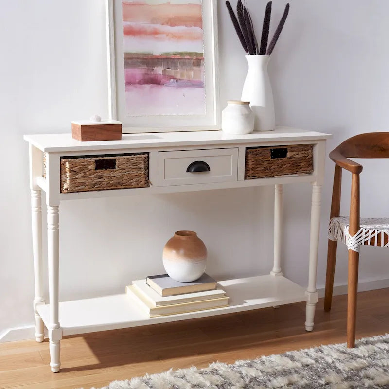 Table console de rangement, Noir/Blanc/Cerisier/Gris, Tiroirs en rotin, Étagère inférieure, Vintage