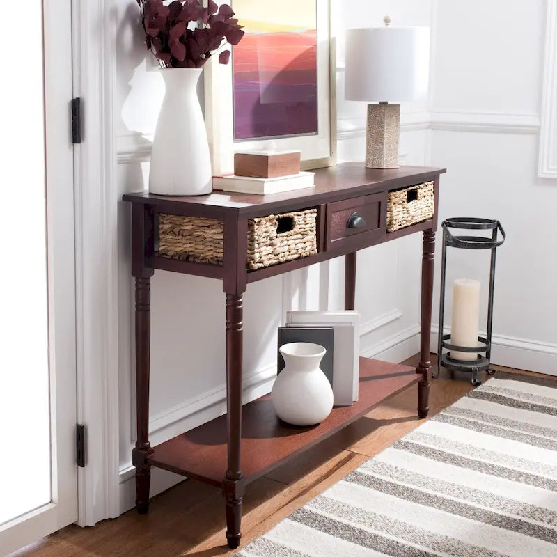 Table console de rangement, Noir/Blanc/Cerisier/Gris, Tiroirs en rotin, Étagère inférieure, Vintage