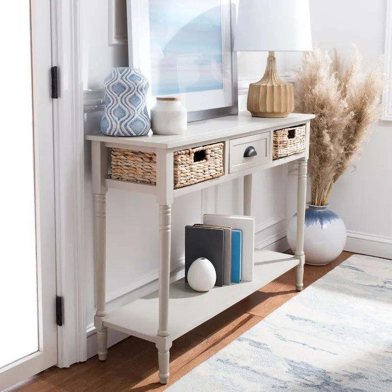 Table console de rangement, Noir/Blanc/Cerisier/Gris, Tiroirs en rotin, Étagère inférieure, Vintage