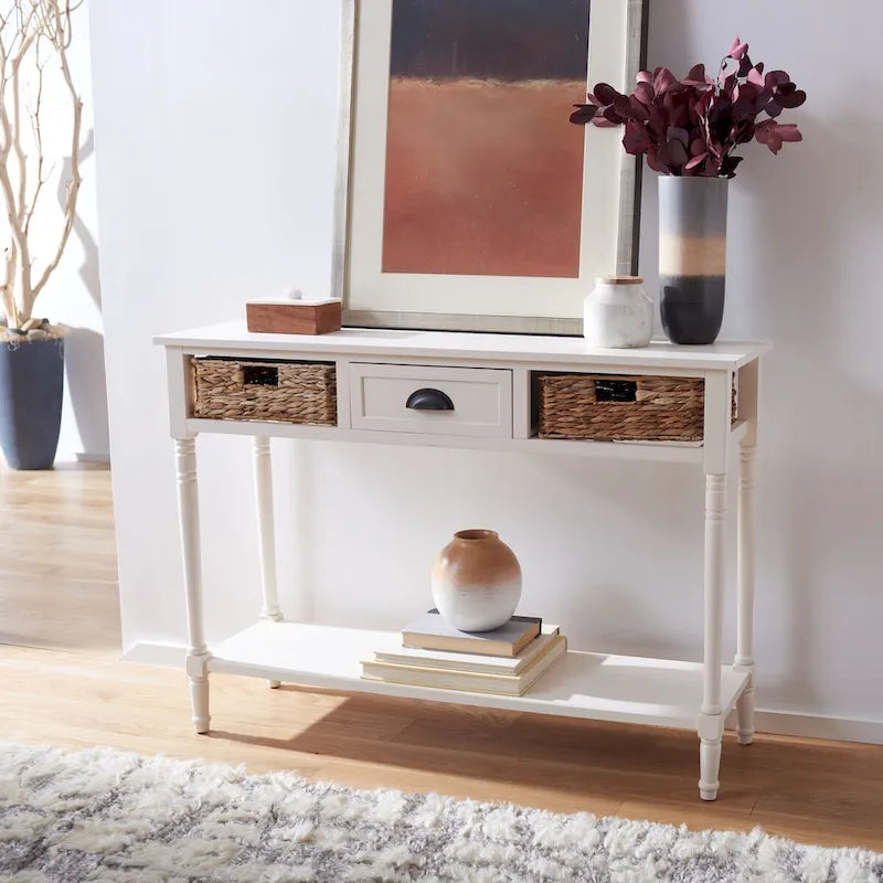 Table console de rangement, Noir/Blanc/Cerisier/Gris, Tiroirs en rotin, Étagère inférieure, Vintage