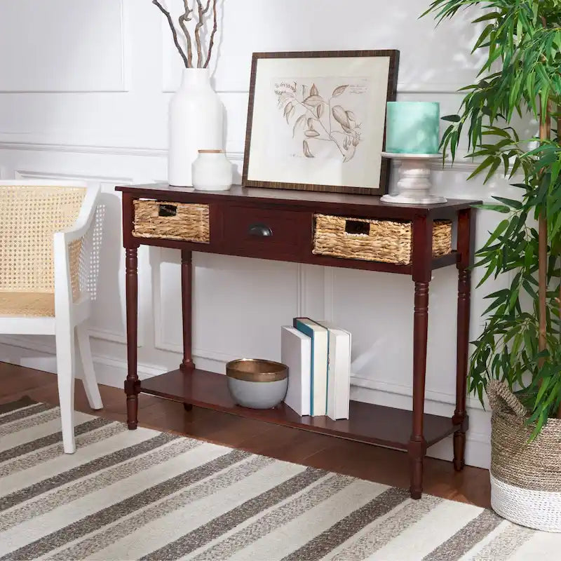 Table console de rangement, Noir/Blanc/Cerisier/Gris, Tiroirs en rotin, Étagère inférieure, Vintage