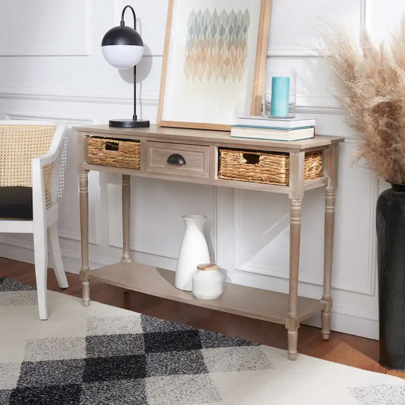 Table console de rangement, Noir/Blanc/Cerisier/Gris, Tiroirs en rotin, Étagère inférieure, Vintage