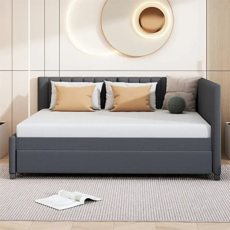 Lit de repos tapissé pleine grandeur avec lit gigogne double, tissu en lin, 78,9"L x 57,9"l, sans sommier