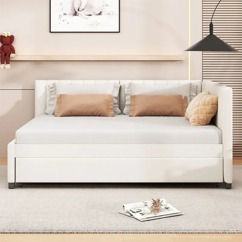 Lit de repos tapissé pleine grandeur avec lit gigogne double, tissu en lin, 78,9"L x 57,9"l, sans sommier