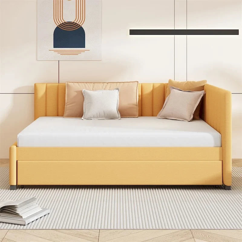 Lit de repos tapissé pleine grandeur avec lit gigogne double, tissu en lin, 78,9"L x 57,9"l, sans sommier