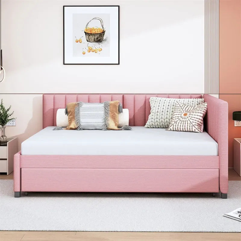 Lit de repos tapissé pleine grandeur avec lit gigogne double, tissu en lin, 78,9"L x 57,9"l, sans sommier