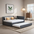 Lit de repos tapissé pleine grandeur avec lit gigogne double, tissu en lin, 78,9"L x 57,9"l, sans sommier