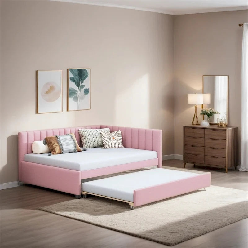 Lit de repos tapissé pleine grandeur avec lit gigogne double, tissu en lin, 78,9"L x 57,9"l, sans sommier