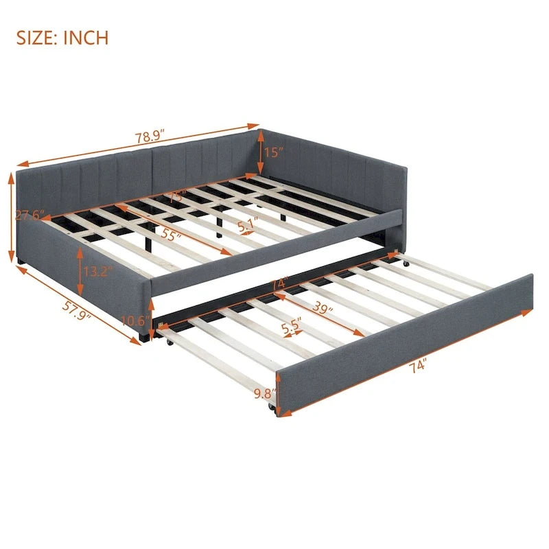 Lit de repos tapissé pleine grandeur avec lit gigogne double, tissu en lin, 78,9"L x 57,9"l, sans sommier