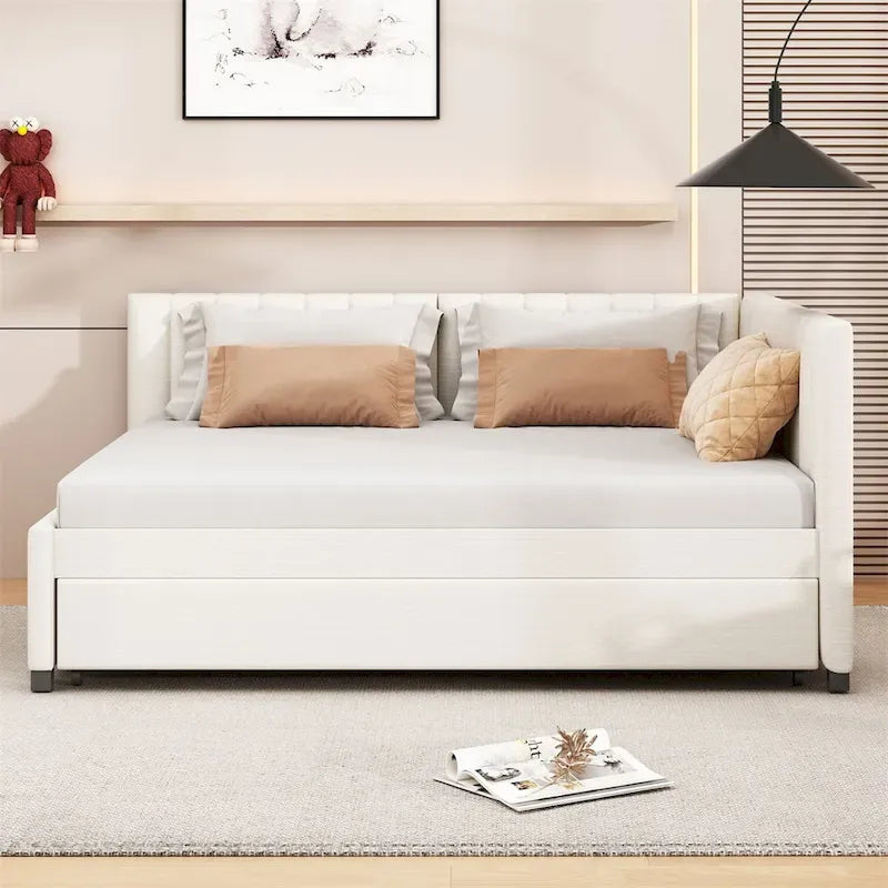 Lit de repos tapissé pleine grandeur avec lit gigogne double, tissu en lin, 78,9"L x 57,9"l, sans sommier