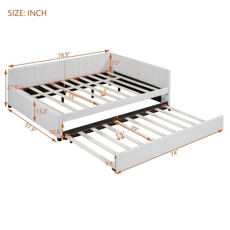 Lit de repos tapissé pleine grandeur avec lit gigogne double, tissu en lin, 78,9"L x 57,9"l, sans sommier