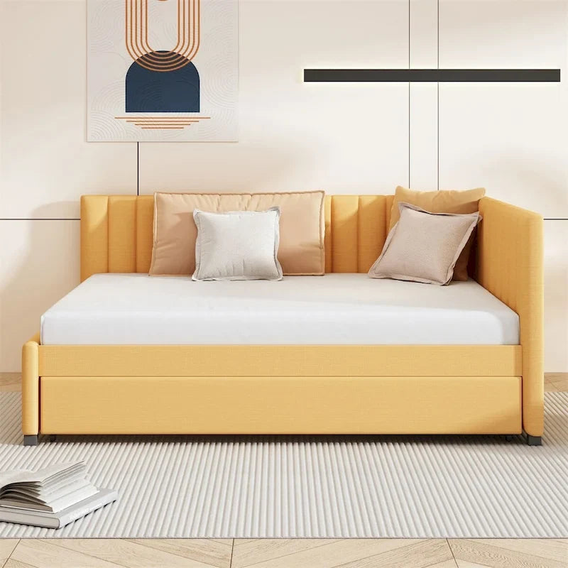 Lit de repos tapissé pleine grandeur avec lit gigogne double, tissu en lin, 78,9"L x 57,9"l, sans sommier
