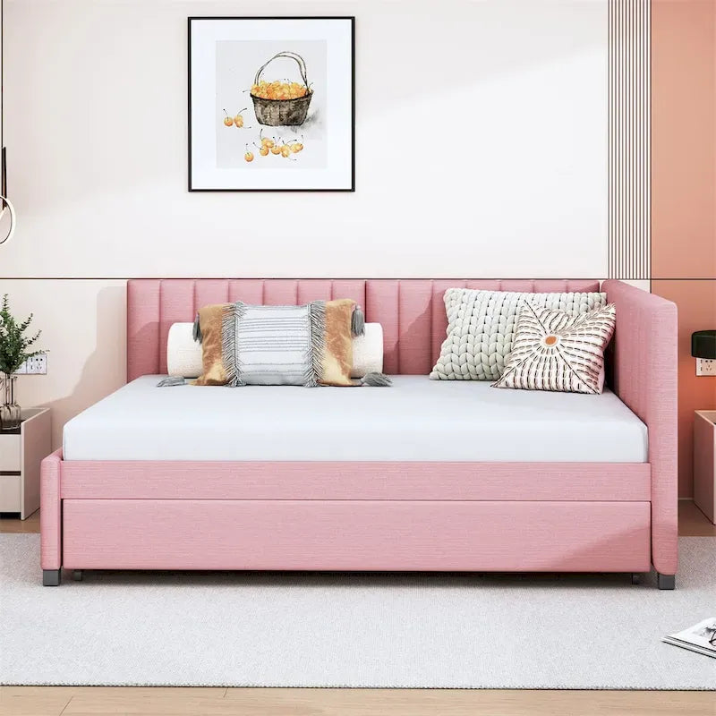 Lit de repos tapissé pleine grandeur avec lit gigogne double, tissu en lin, 78,9"L x 57,9"l, sans sommier