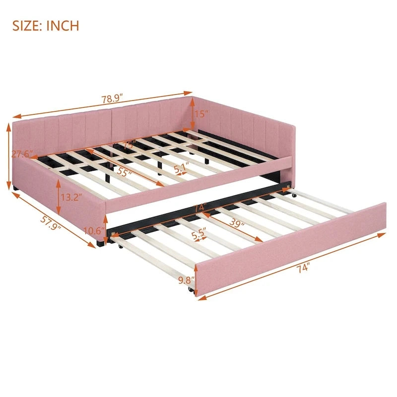 Lit de repos tapissé pleine grandeur avec lit gigogne double, tissu en lin, 78,9"L x 57,9"l, sans sommier