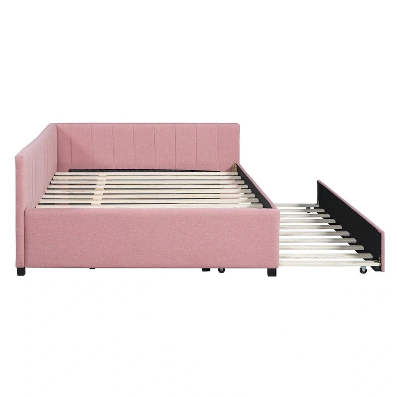 Lit de repos tapissé pleine grandeur avec lit gigogne double, tissu en lin, 78,9"L x 57,9"l, sans sommier