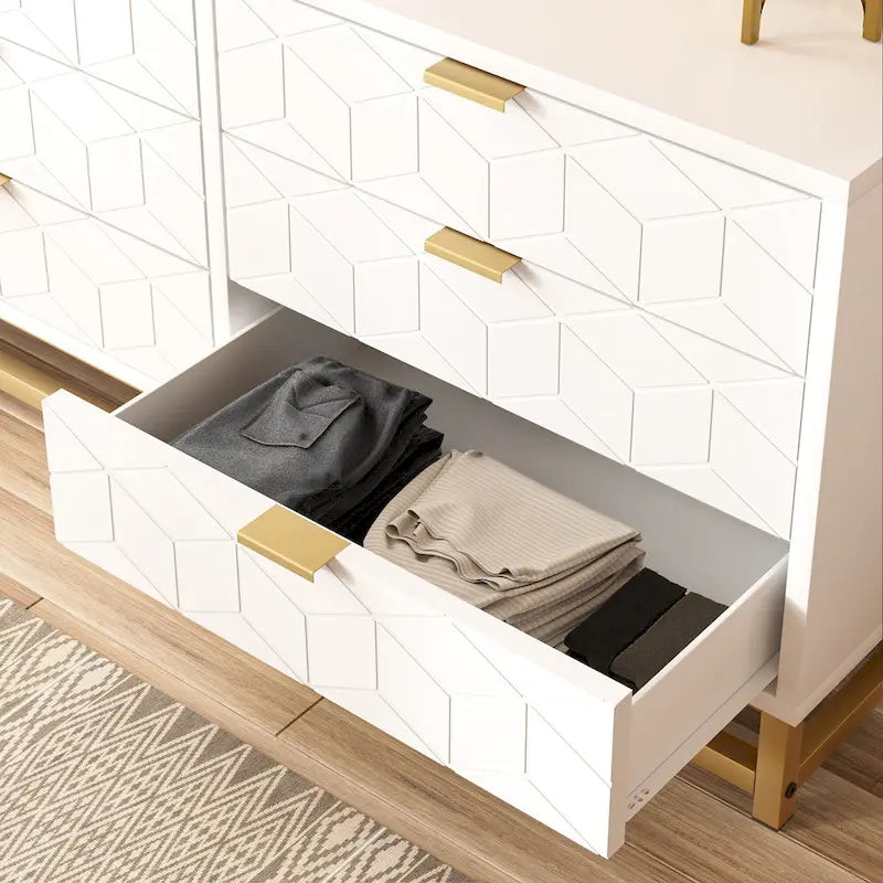 Commode à 6 tiroirs avec pieds en métal et façades à motifs, 120 cm (L) x 40 cm (l) x 64 cm (H), style moderne
