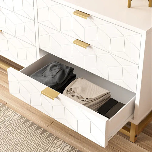 Commode à 6 tiroirs avec pieds en métal et façades à motifs, 120 cm (L) x 40 cm (l) x 64 cm (H), style moderne