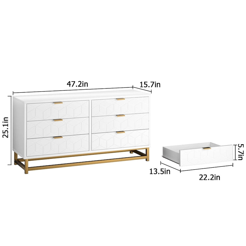 Commode à 6 tiroirs avec pieds en métal et façades à motifs, 120 cm (L) x 40 cm (l) x 64 cm (H), style moderne