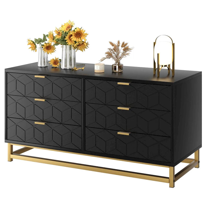 Commode à 6 tiroirs avec pieds en métal et façades à motifs, 120 cm (L) x 40 cm (l) x 64 cm (H), style moderne
