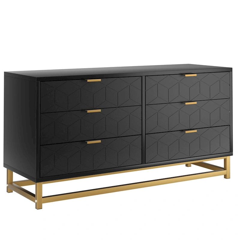 Commode à 6 tiroirs avec pieds en métal et façades à motifs, 120 cm (L) x 40 cm (l) x 64 cm (H), style moderne