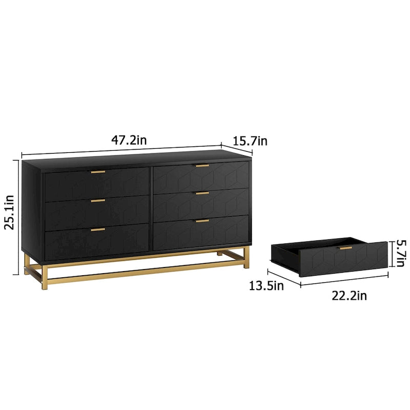 Commode à 6 tiroirs avec pieds en métal et façades à motifs, 120 cm (L) x 40 cm (l) x 64 cm (H), style moderne