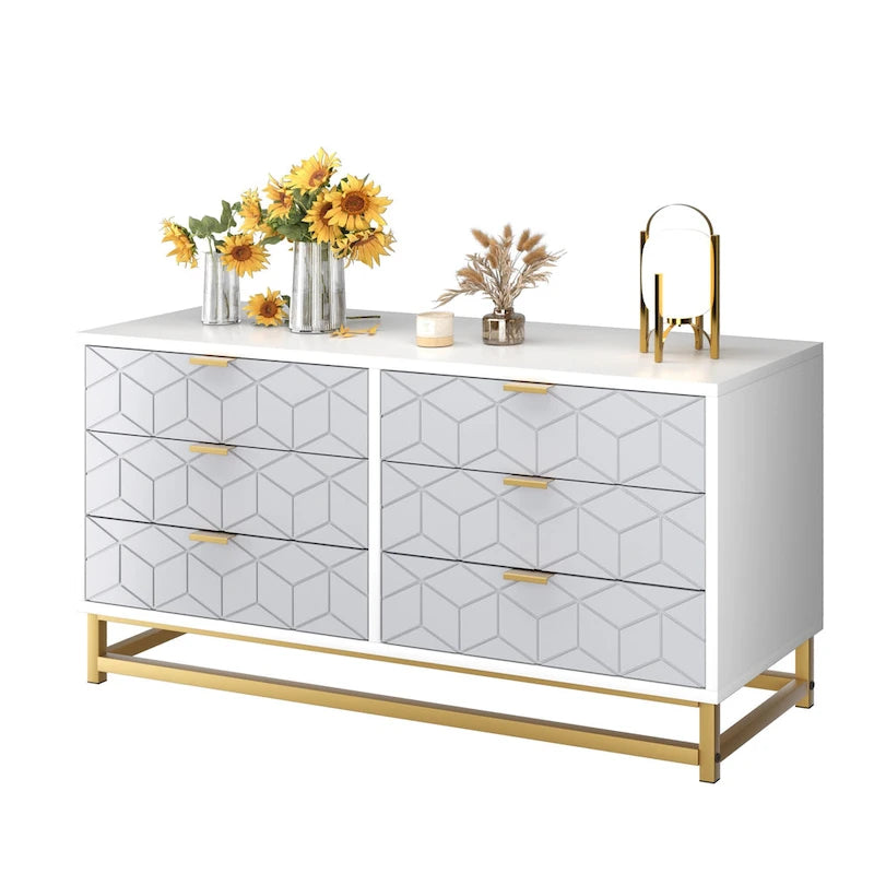 Commode à 6 tiroirs avec pieds en métal et façades à motifs, 120 cm (L) x 40 cm (l) x 64 cm (H), style moderne
